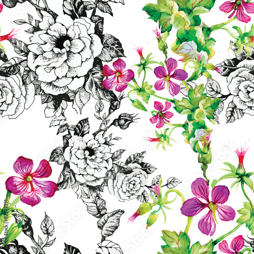 Wild flowers seamless pattern on white background