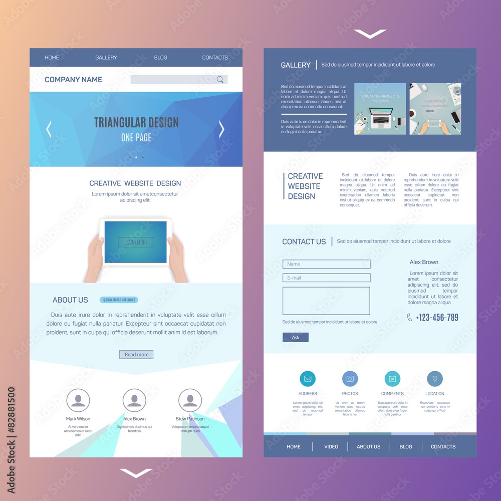 modern one page website template design with blurred background
