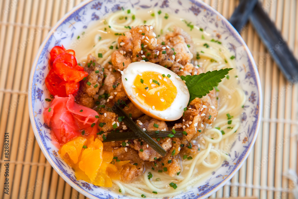 Chicken ramen top view Chicken ramen top view