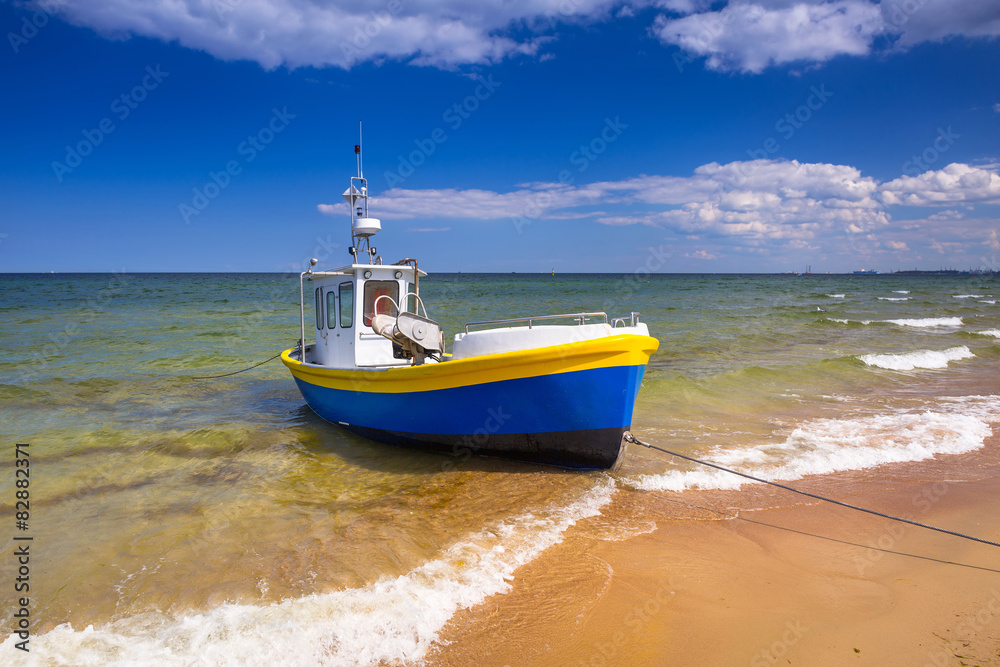 Fishing boats on the beach of Baltic Sea in Poland