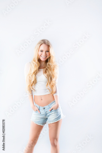 Smiling blonde. Woman modern style.
