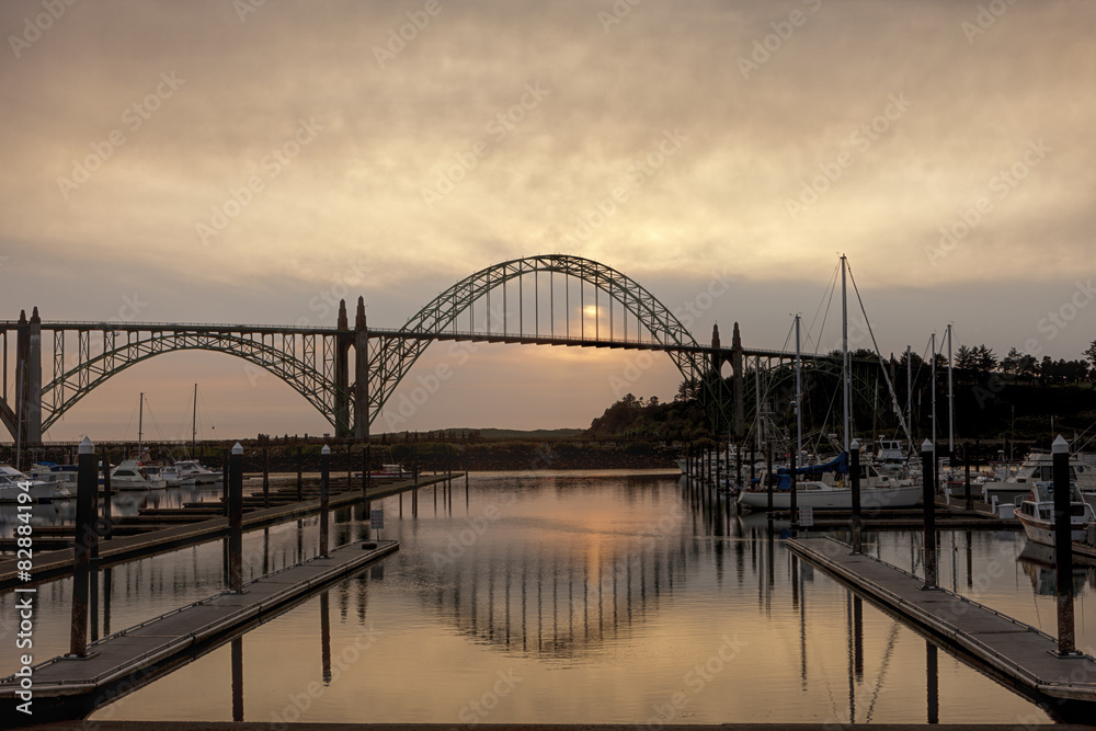 Newport, Oregon bridge at sunset.