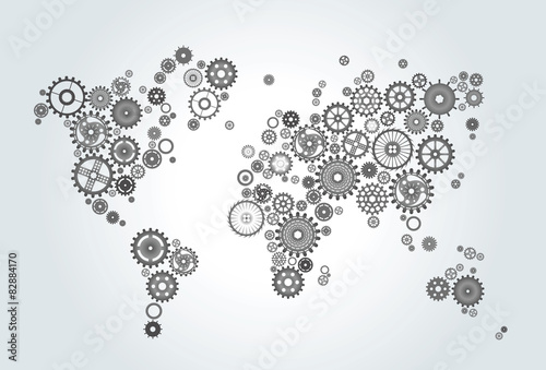 world map composed of gears, wheels on gradient background