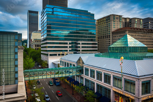 View of 4th Avenue and Pioneer Place in Portland, Oregon.