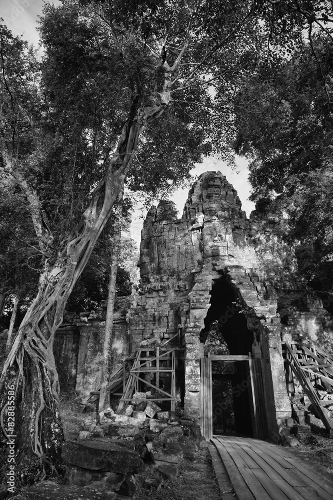 Angkor Thom West Gate Black and White