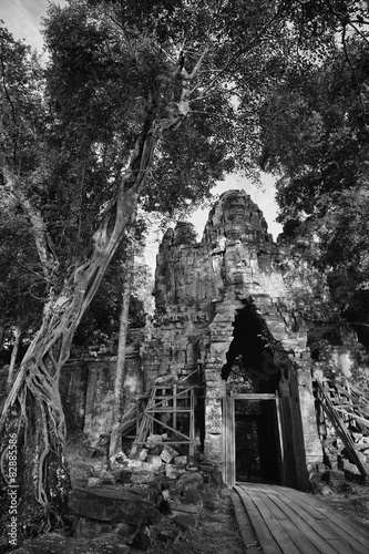 Angkor Thom West Gate Black and White