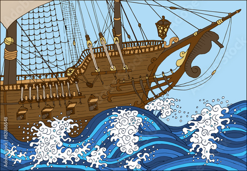Background with wooden deck of old sailing ship