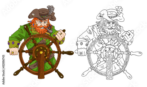 Pirate captain with red beard standing behind steering wheel