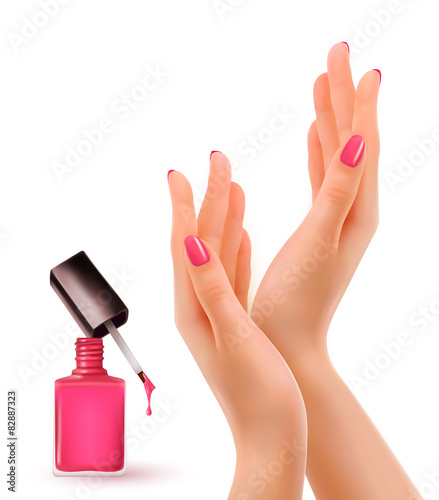 Hands with pink polished nails. Nail polish bottle. Vector.