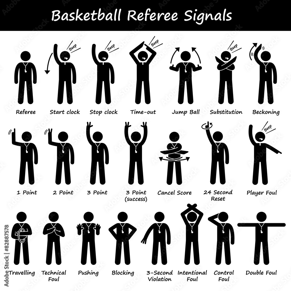 Fototapeta premium Basketball Referees Officials Hand Signals Illustrations
