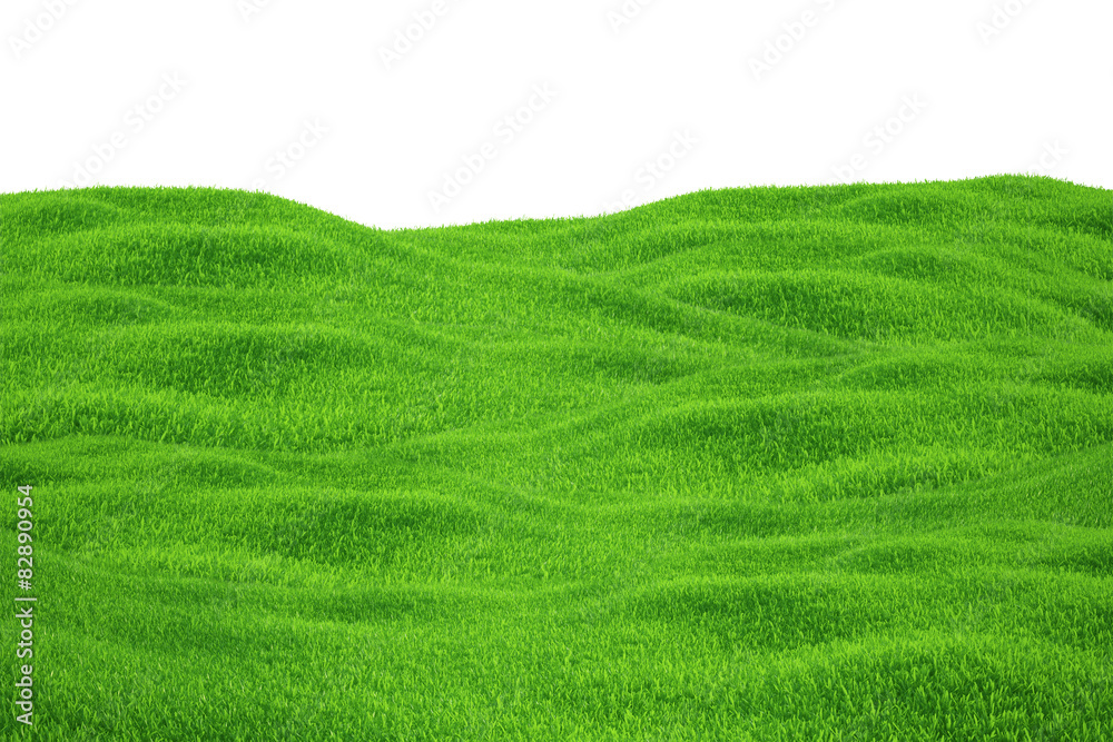 Green grass growing on hills with white background top view