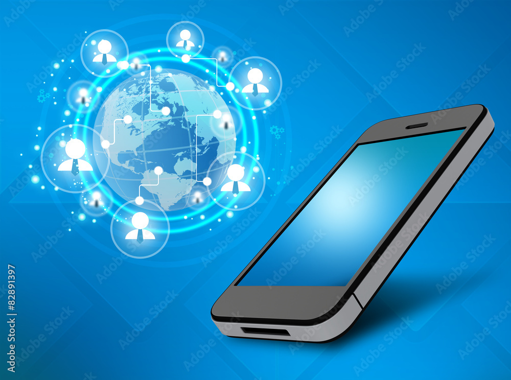 Planet with icons people and phone standing next Planet with icons people and phone standing next