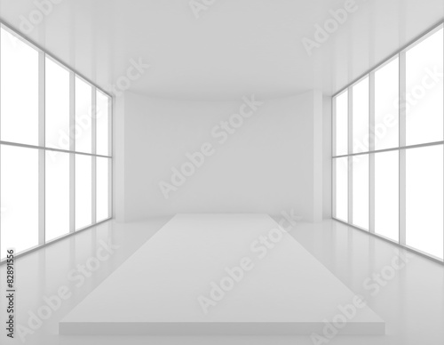 Blank length podium in the large, bright room
