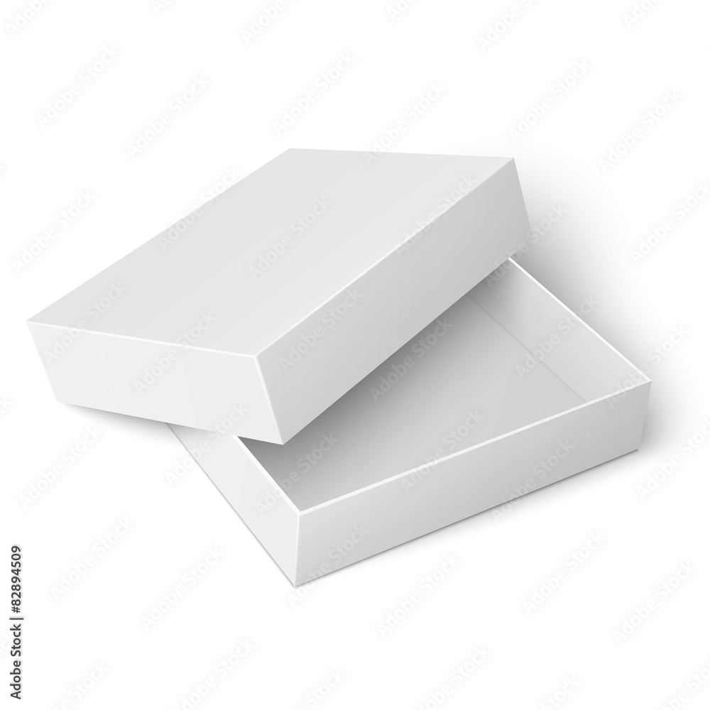 Template of white cardboard box with opened lid.