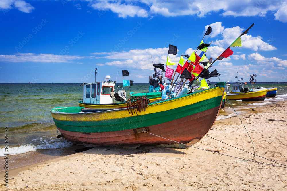 Fishing boats on the beach of Baltic Sea in Poland