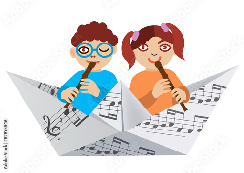 Children playing the flute on the paper boat 