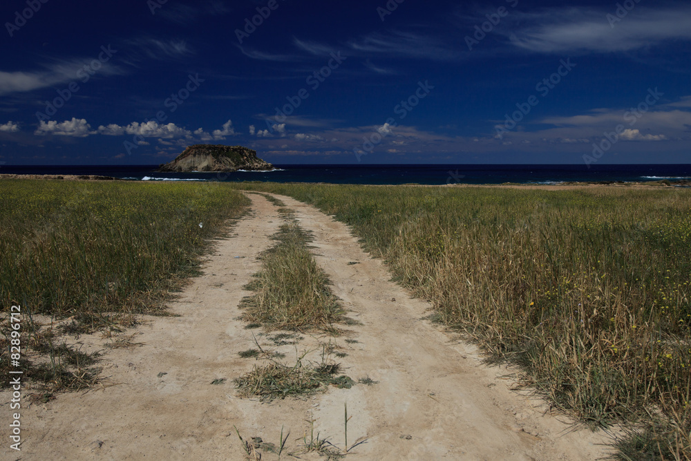 road in Cyprus to the Mediterranean. View of the island Yeronisos
