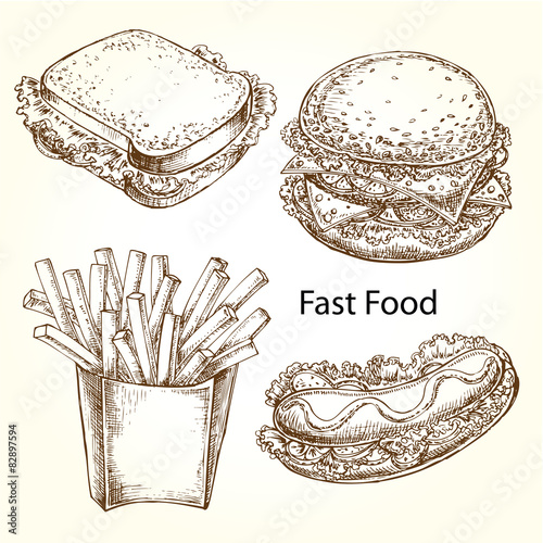 hand drawn illustration fast food set
