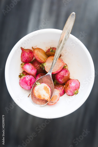 Closeup of Roasted Radishes in a Small Bowl