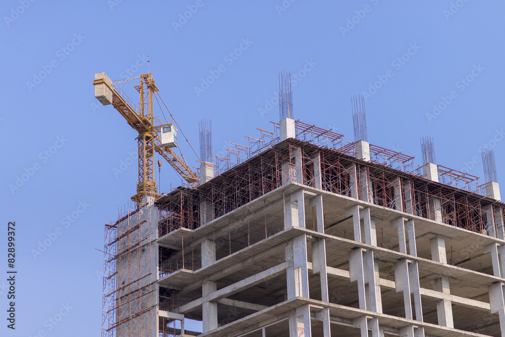 New construction building on blue sky background