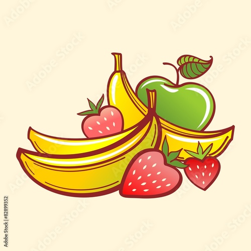 Vector Fruits. Bananas, strawberry and apple. line art