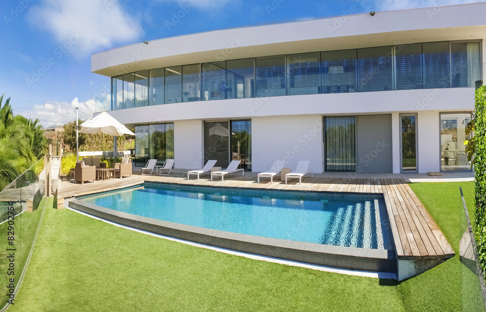 Modern white villa with pool
