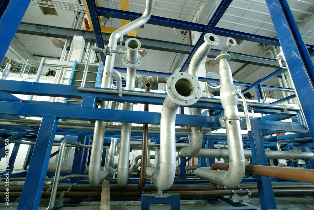 Industrial zone, Steel pipelines in blue tones Industrial zone, Steel pipelines in blue tones
