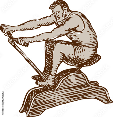 Athlete Exercising Vintage Rowing Machine Etching