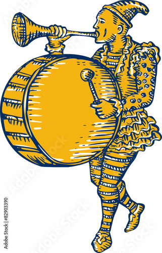 Clown With Trumpet and Drum Marching Etching