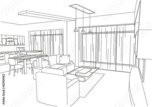 linear architectural sketch living-room white background