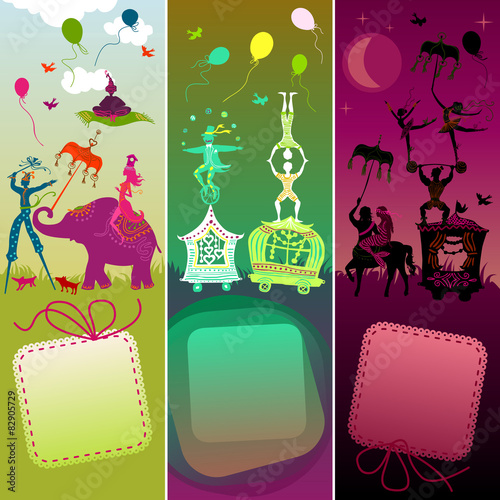 set of 3 cards with funny circus caravan