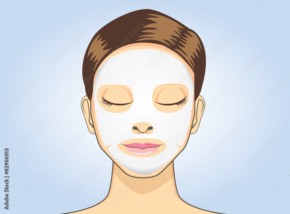 Women facial sheet mask in cartoon version on blue background Women facial sheet mask in cartoon version on blue background