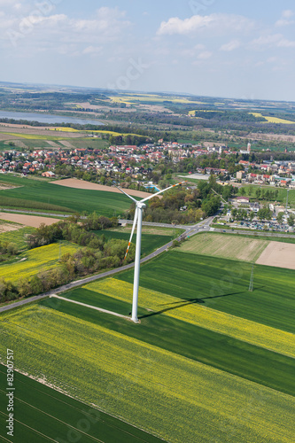aerial view of wind turbine on a field