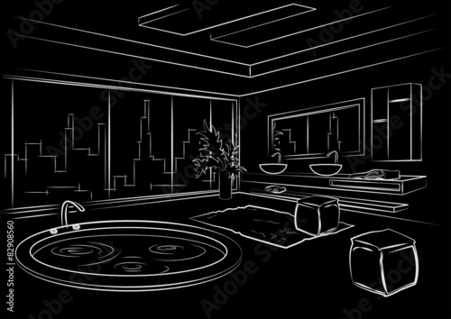 architectural linear sketch bathroom interior black background