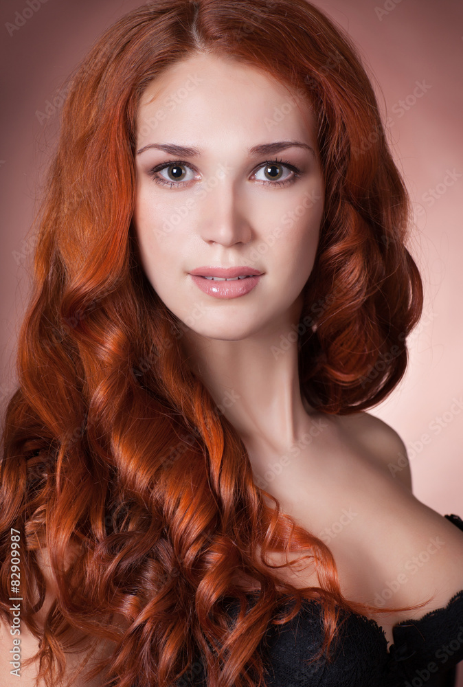 Fototapeta premium Beauty woman face red hair girl studio