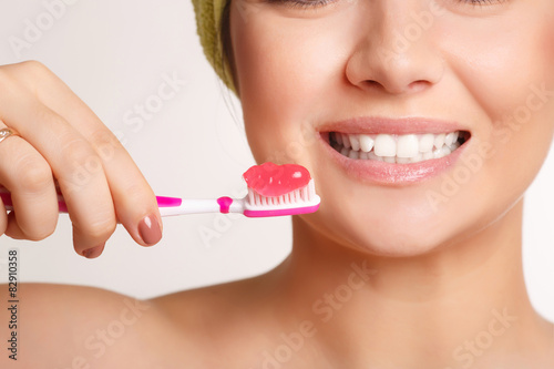 Happy woman tooth care tooth brush girl
