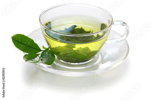 glass cup of Japanese green tea isolated on white background