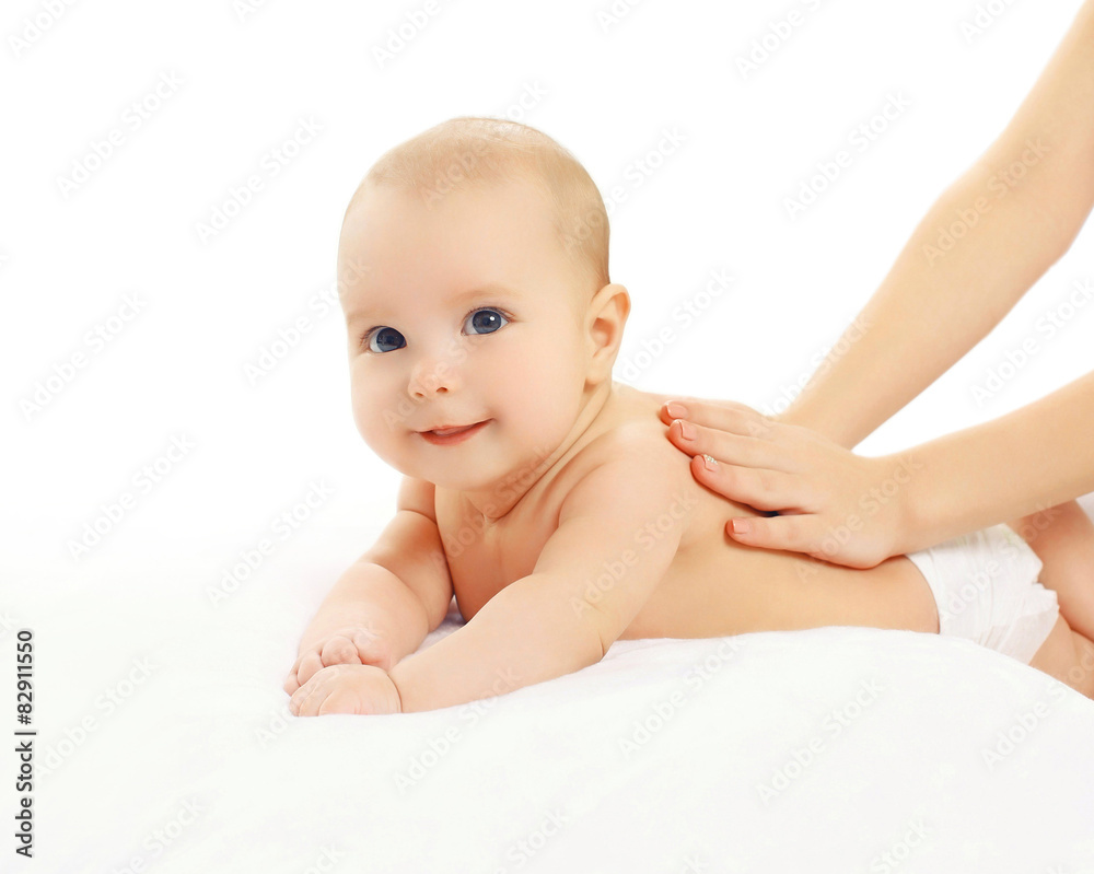 Cute baby massage back, child and health concept Cute baby massage back, child and health concept