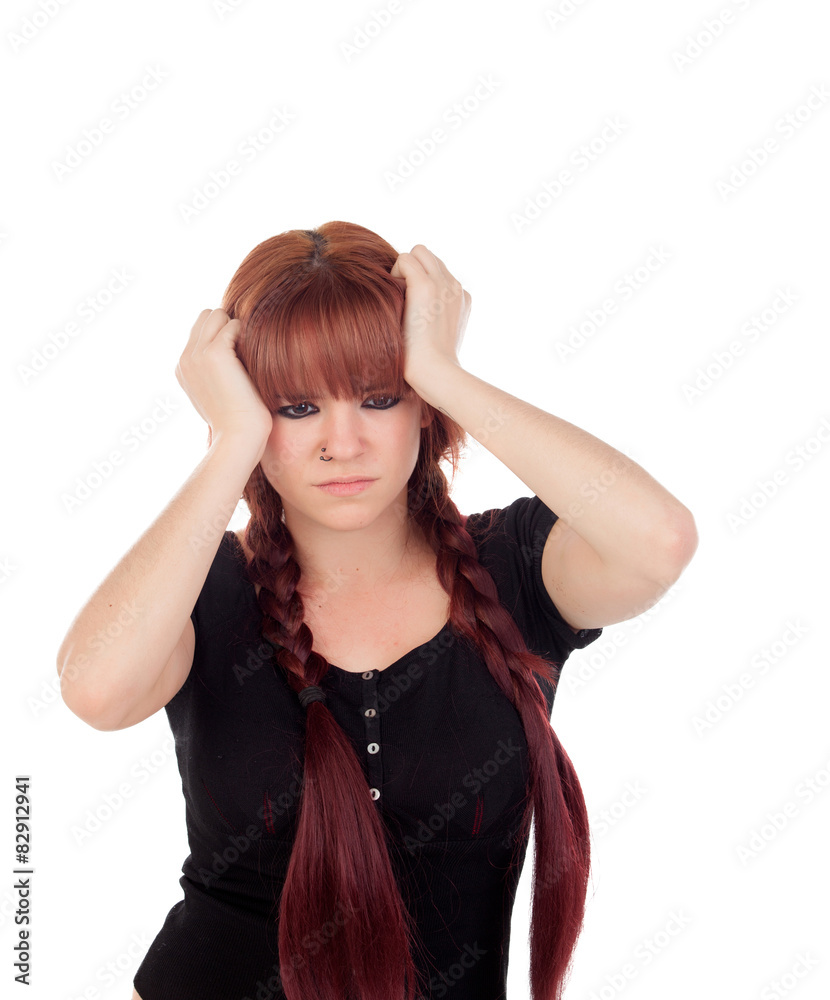 Worried teenage girl dressed in black with a piercing Worried teenage girl dressed in black with a piercing