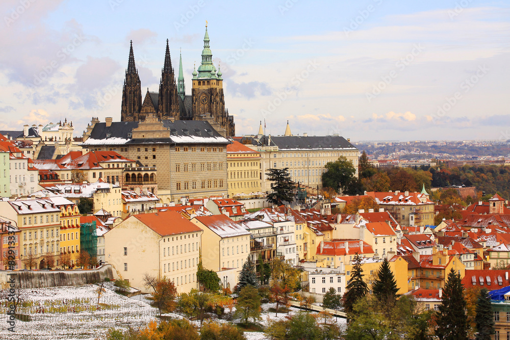 Naklejka premium First Snow in Prague City with gothic Castle, Czech Republic