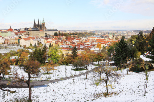 First Snow in Prague City with gothic Castle, Czech Republic