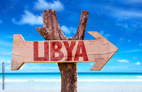 Libya wooden sign with ocean background
