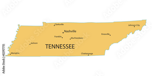 yellow map of Tennessee with indication of largest cities