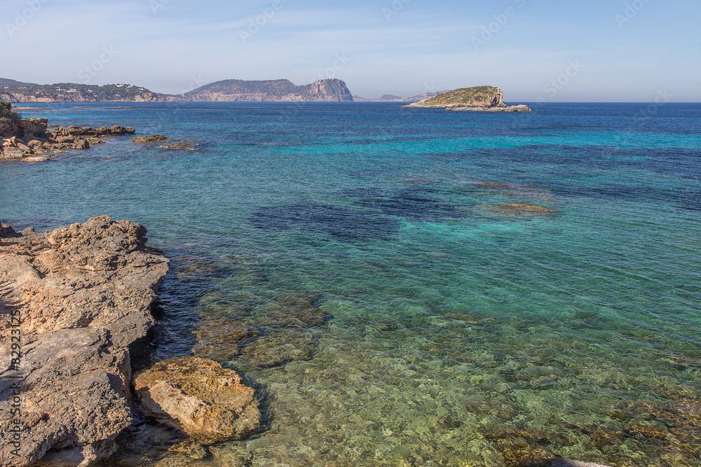 Balearic islands, rocks and turquoise water in Ibiza