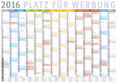 Kalender 2016 (Dezember 2015 bis Januar 2017) mit Ferien