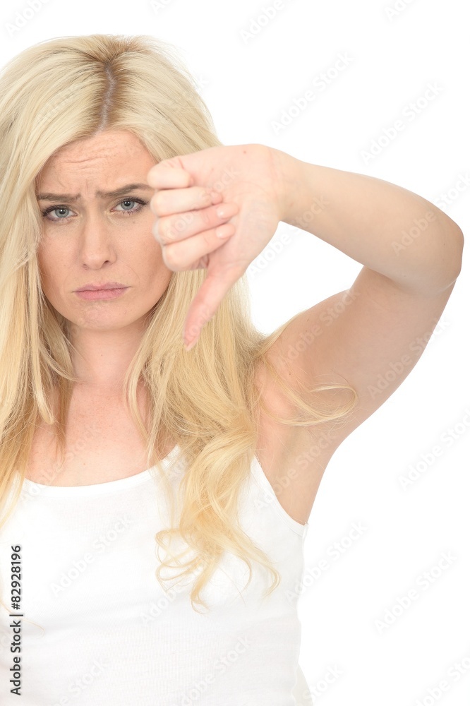 Sad Unhappy Young Woman Looking Giving a Thumbs Down Hand Sign Sad Unhappy Young Woman Looking Giving a Thumbs Down Hand Sign