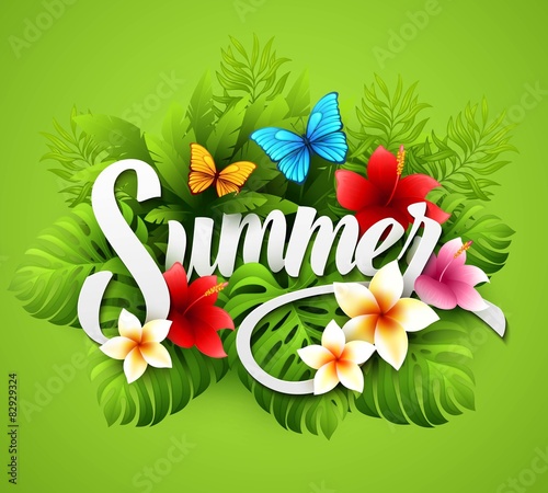 Vector illustration with tropical plants and flowers