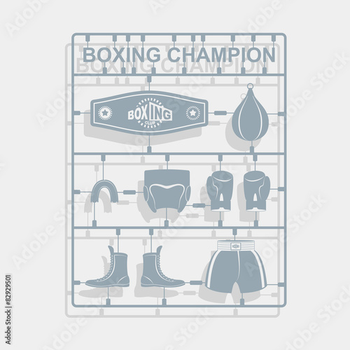 Set Boxing equipment. Plastic model kits. Vector illustration