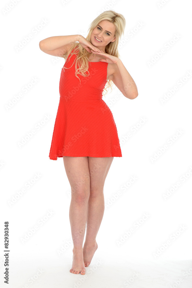 Young Blonde Haired Woman Wearing a Short Red Mini Dress Young Blonde Haired Woman Wearing a Short Red Mini Dress