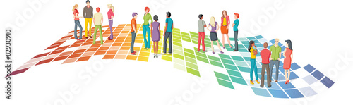 Colorful template for brochure with large group of young people